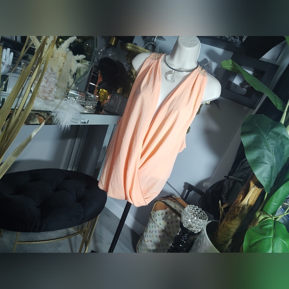 U2B Coral Orange Draped Cross Collar Lace Back Surplice Neck Tank Top 2X - Picture 3 of 9